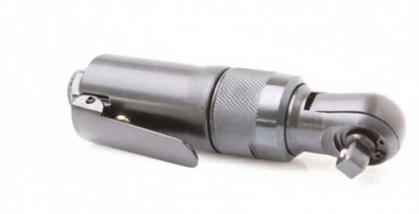 Close-up of the ratchet head and square drive of a compact pneumatic ratchet wrench showing knurled grip and product label