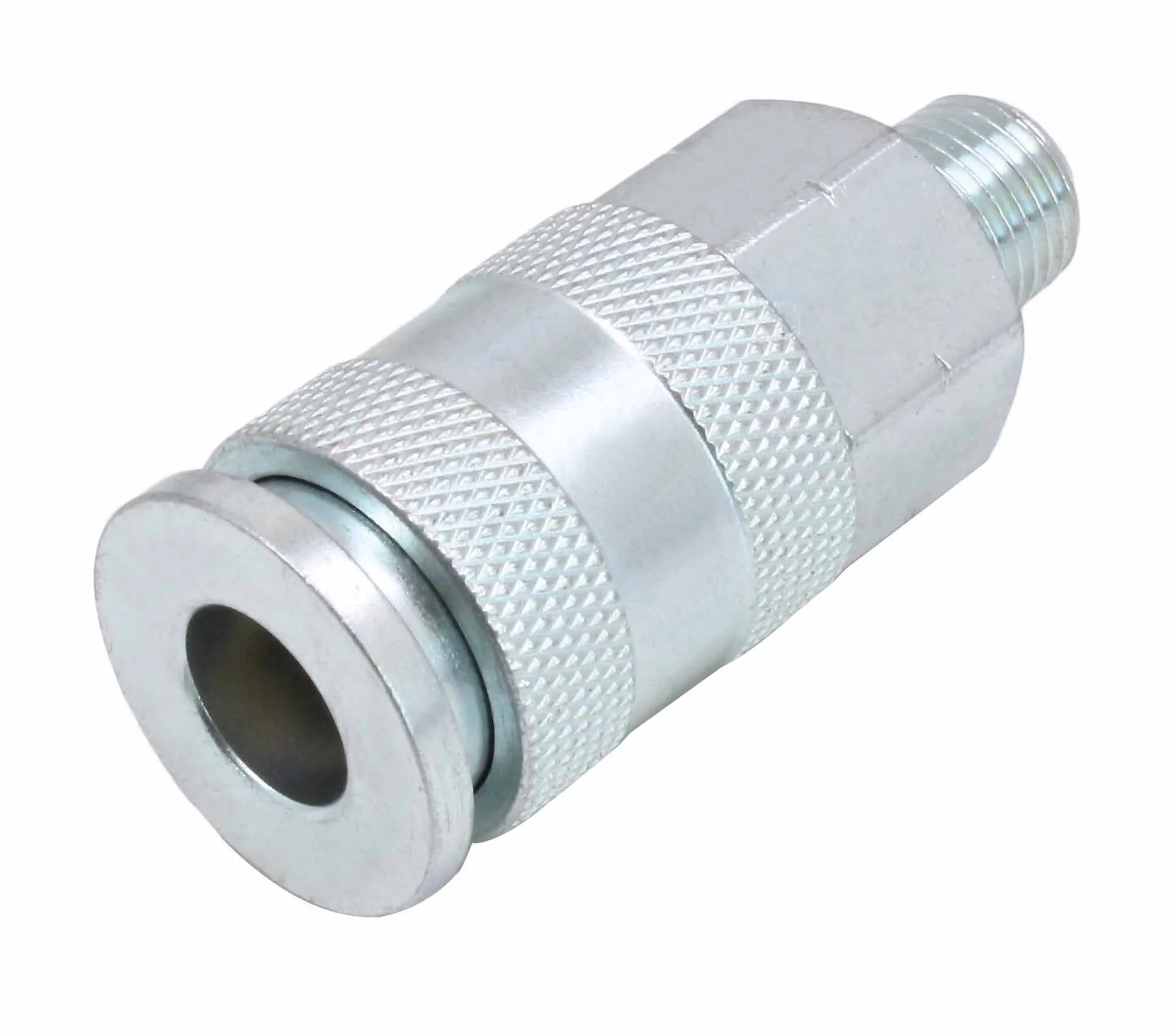 Perspective view of coupling showing flanged receiving end, knurled sleeve and opposite male threaded end