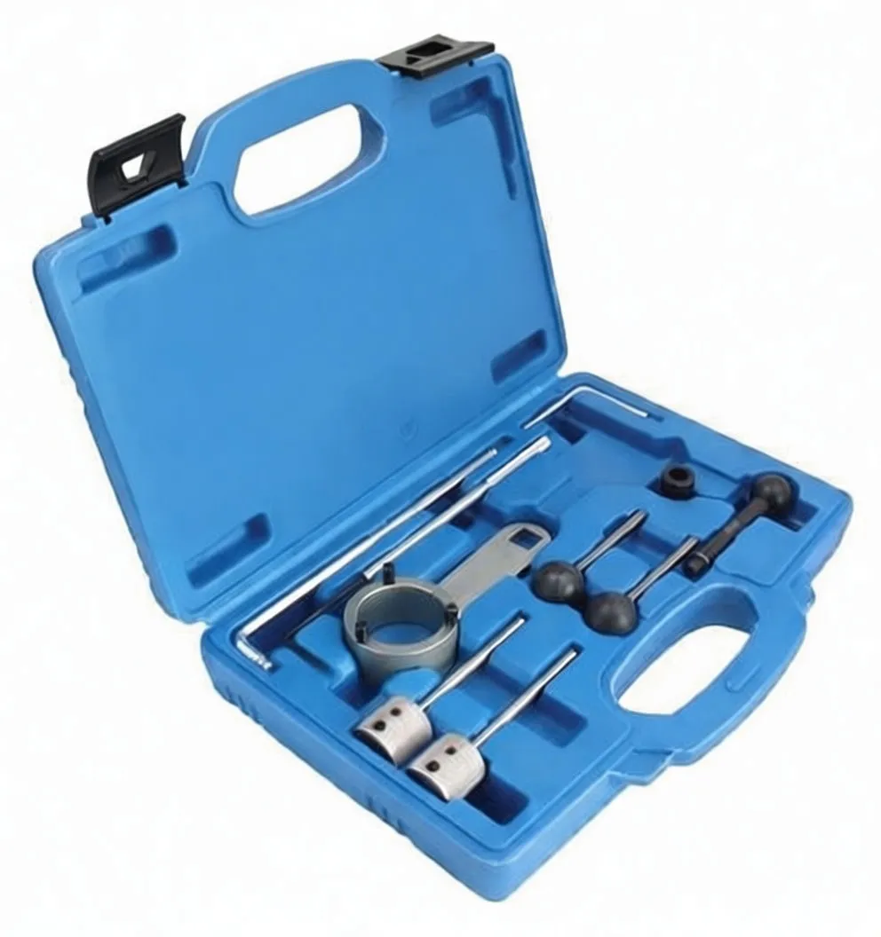 Angled shot of blue tool case with timing alignment tools laid out: clamp, black bracket, chrome rod and pins
