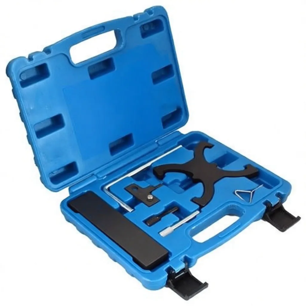 Angled view of blue case with timing tools: X‑shaped cam lock, rectangular adapter, metal bracket and pins