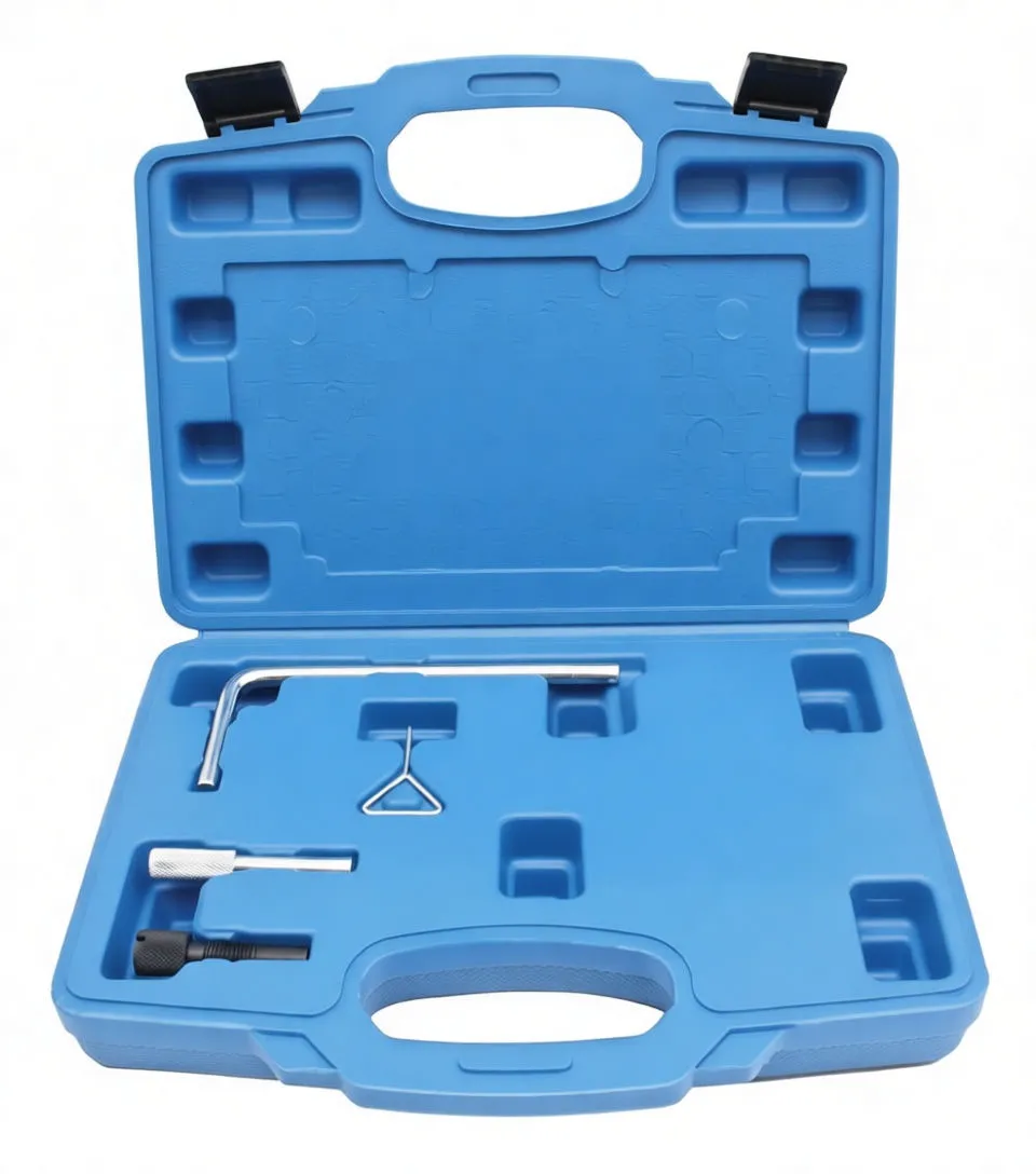 Individual timing-tool components on white background: black X-shaped locking plate, L-shaped steel bar, triangular pin, knurled pin and short threaded bolt