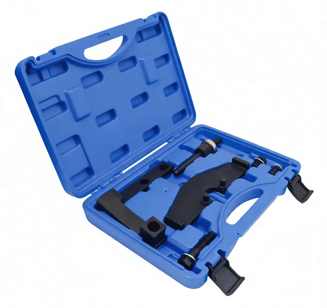 Angled view of blue plastic case with Mini Cooper locking tools: curved adapter plate, L‑bracket, threaded rod and bolts, yellow label in lid