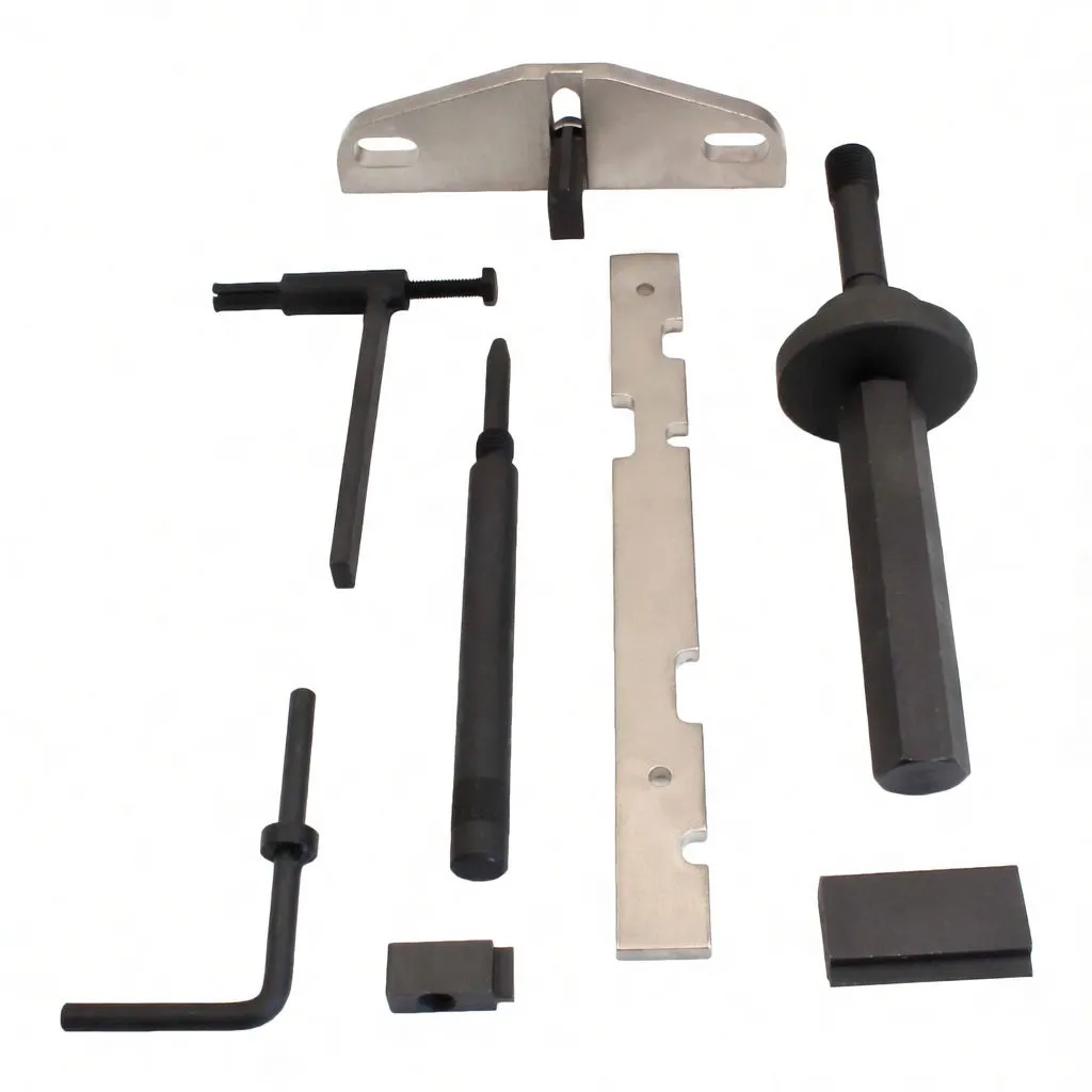 Individual locking/timing tools on white background: ASTA-branded silver bracket and timing bar, large forcing screw, driver/punch, L-hex tool, T-extractor and locator blocks.