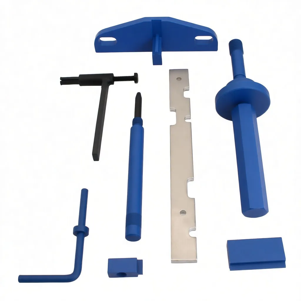 Angled view of blue molded case with Ford locking tool set: puller arm, large forcing screw, flat timing plate, T-extractor and small locator blocks.