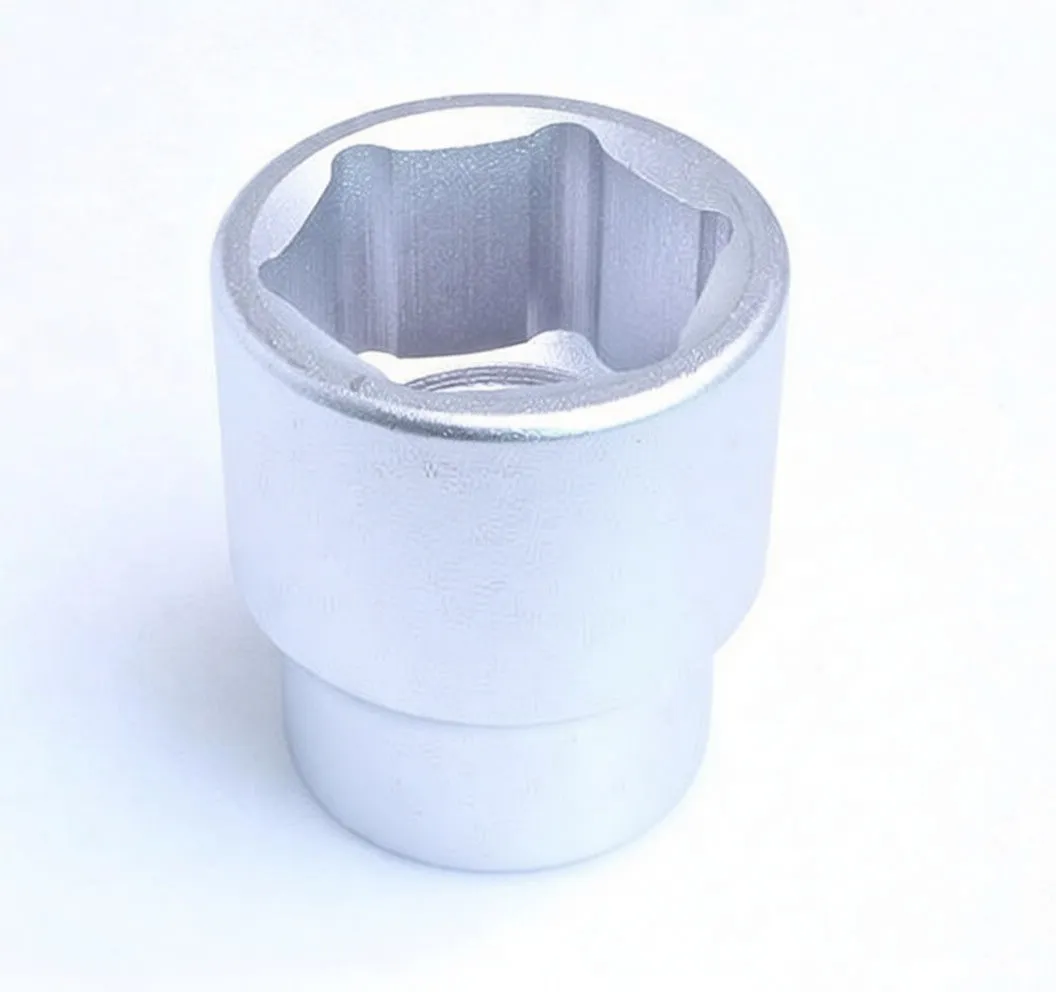 Angled side view of chrome 6-point socket with ASTA logo and stamped part/size markings