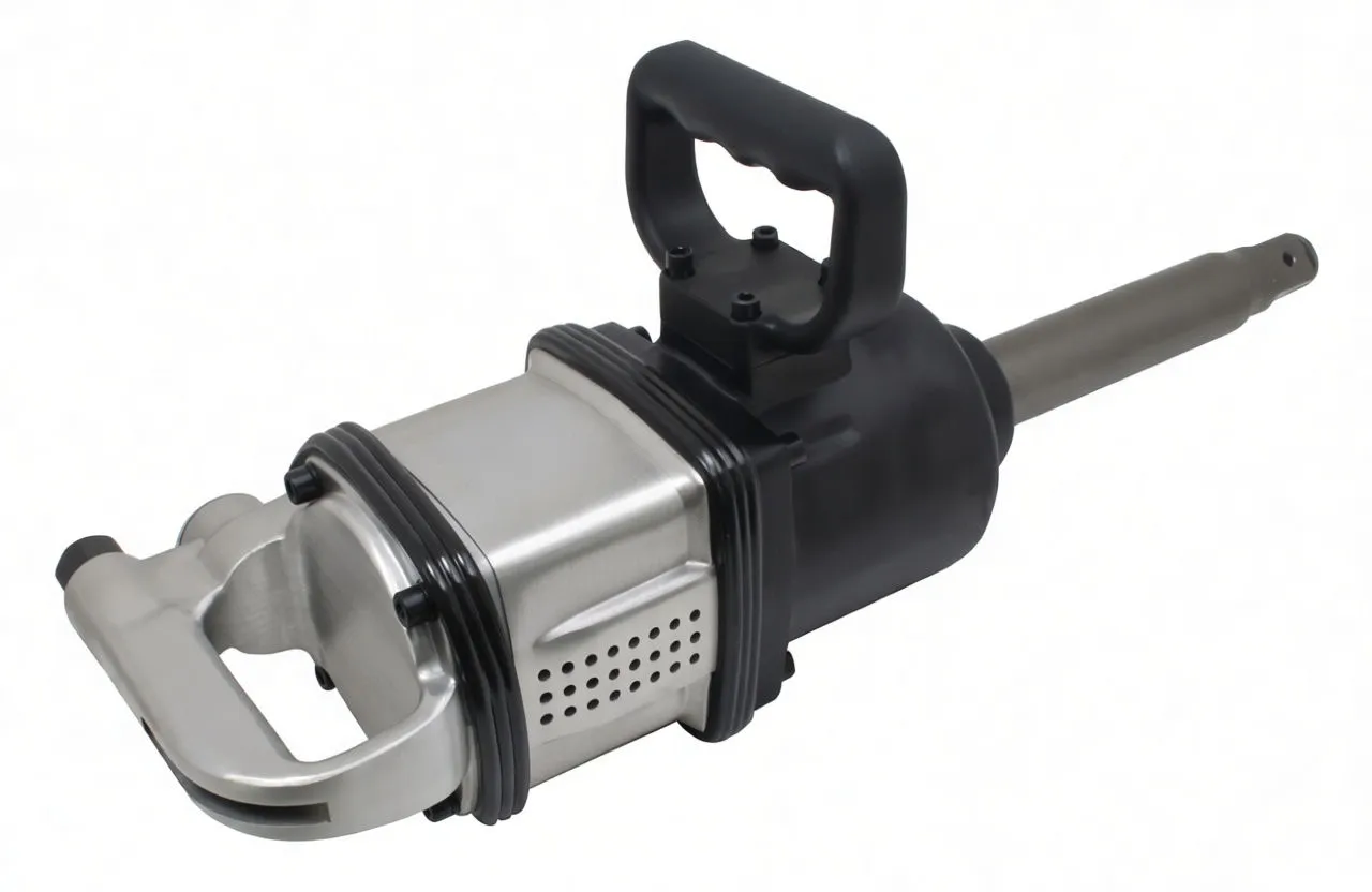 Side view showing mid-body vents, U-shaped front handle, and D-handle of air impact wrench