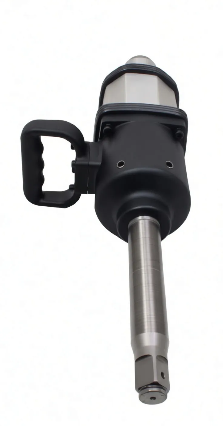 Front-on view of air impact wrench showing square drive tip, D-handle and rear controls