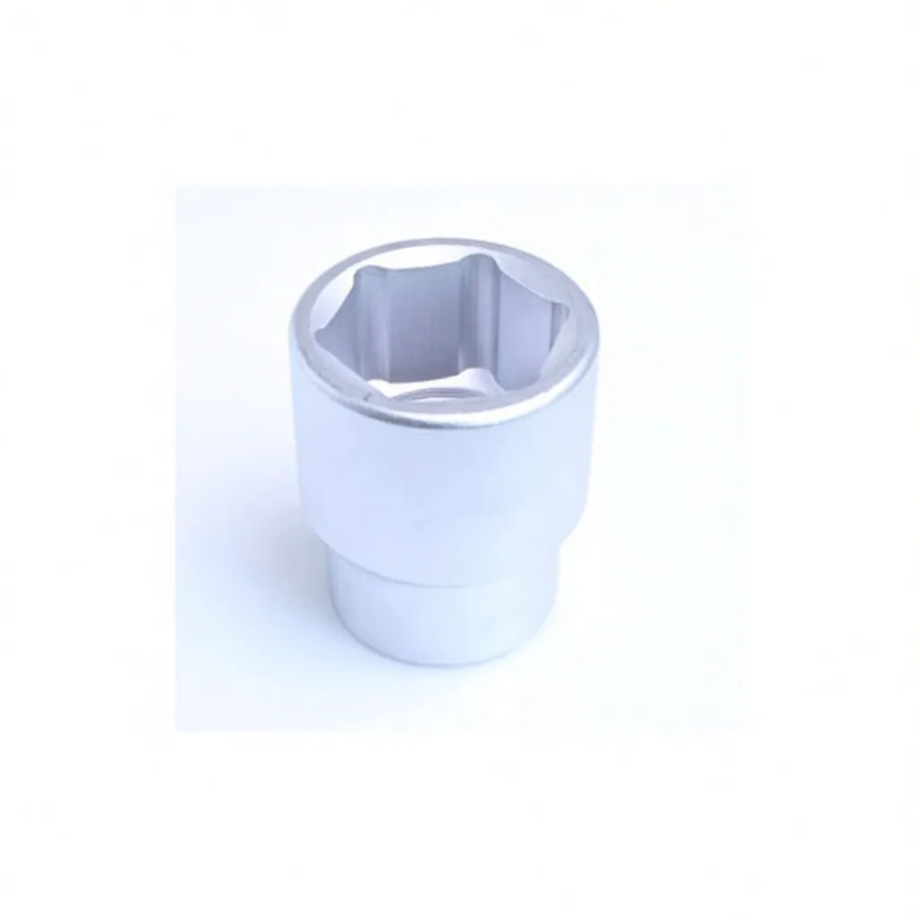 Angled side view of chrome 6-point 80mm hand socket showing side markings and square drive opening