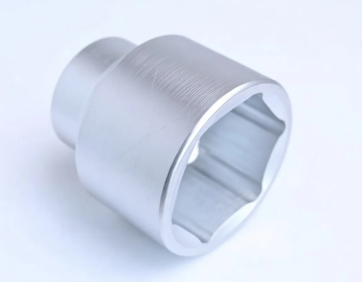 Angled side view of a silver 6-point socket with visible side stamping and square drive stub
