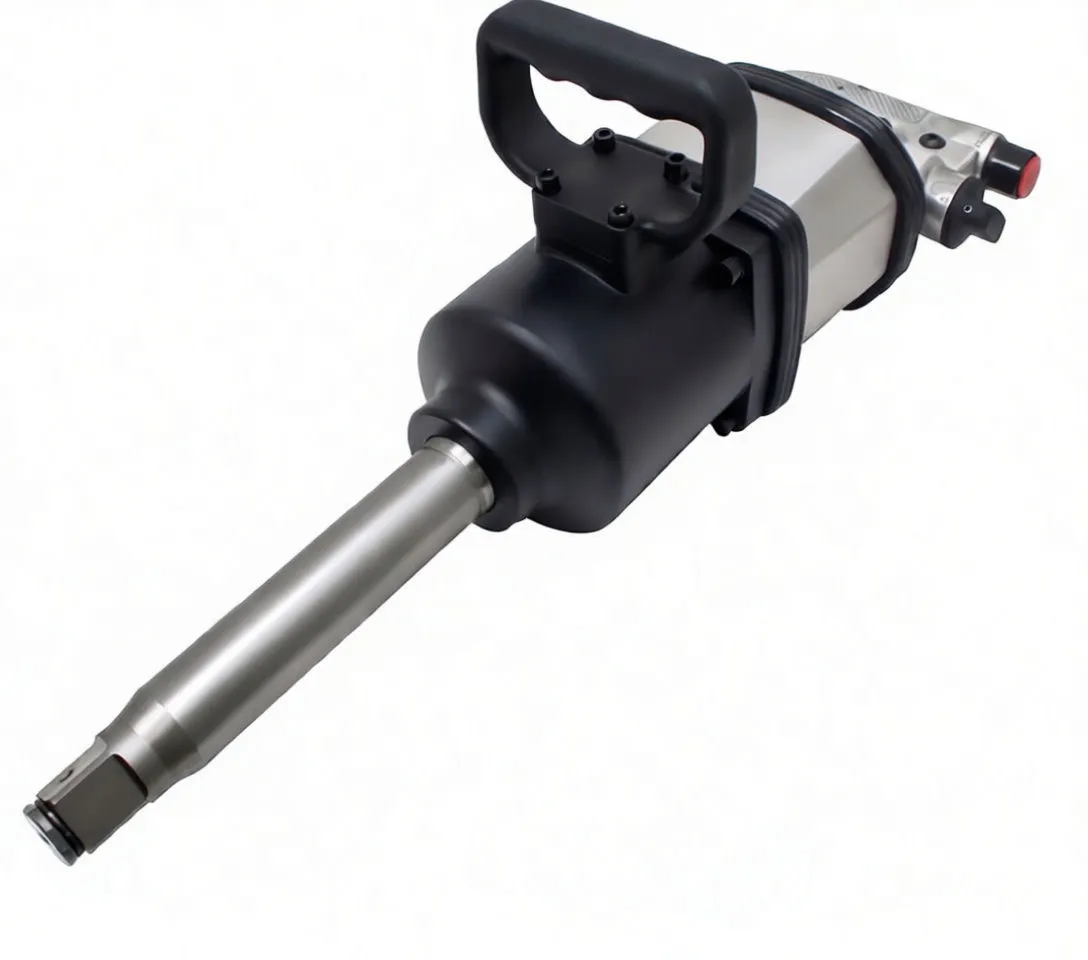 Close view of long anvil and black housing of air impact wrench with top handle