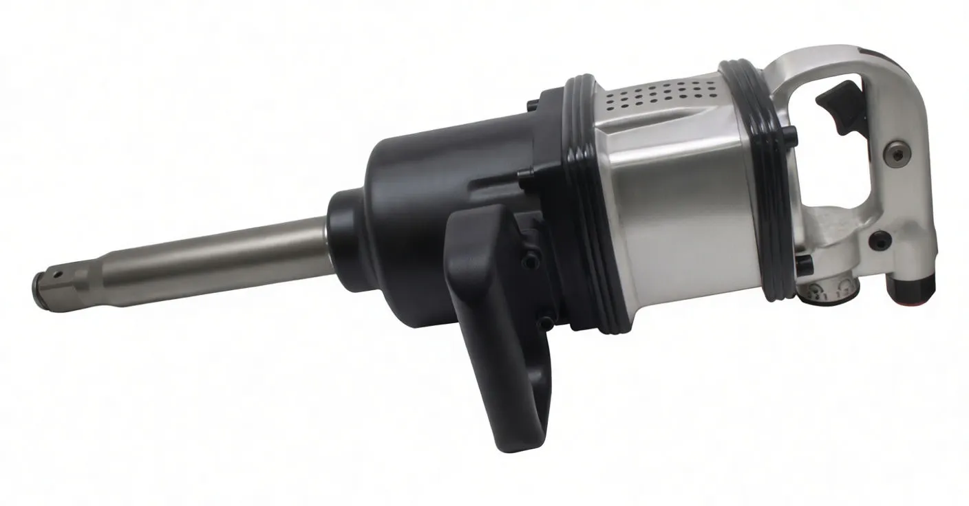 Profile of pneumatic impact wrench showing gold nameplate on silver housing and side handle