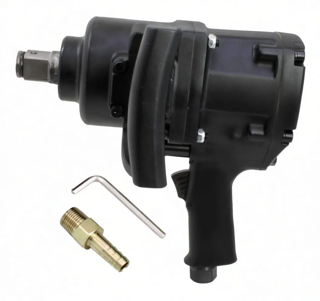 Side view of air impact wrench showing 'saTra S-TA1PIS 211110' label, grip, trigger, anvil, brass adapter and hex key
