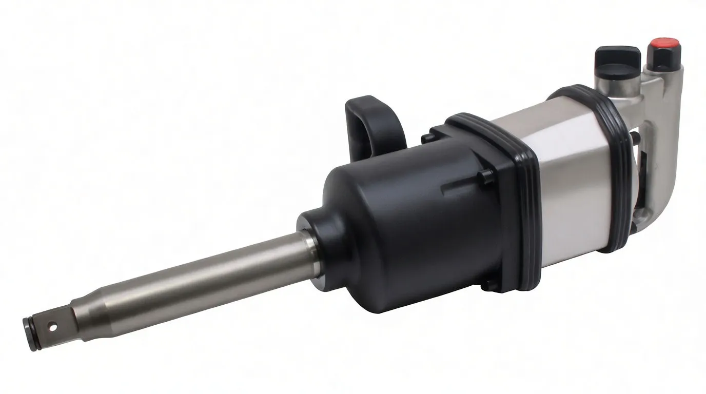 Side-angle of impact wrench showing anvil tip with retaining hole and rear control area