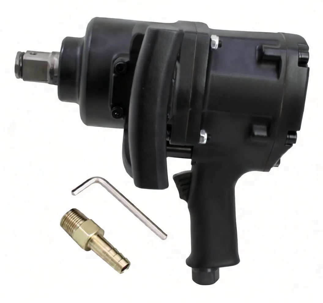 Rear view of impact wrench showing blue '1" TWIN HAMMER' sticker, D-handle, direction selector, brass adapter and hex key