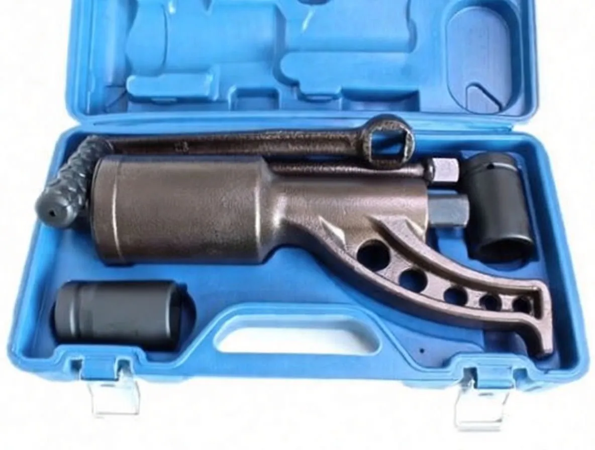 Top view of torque multiplier in blue case showing cast gearbox with 'satra' marking, forked reaction arm, square drive, and two black sockets.