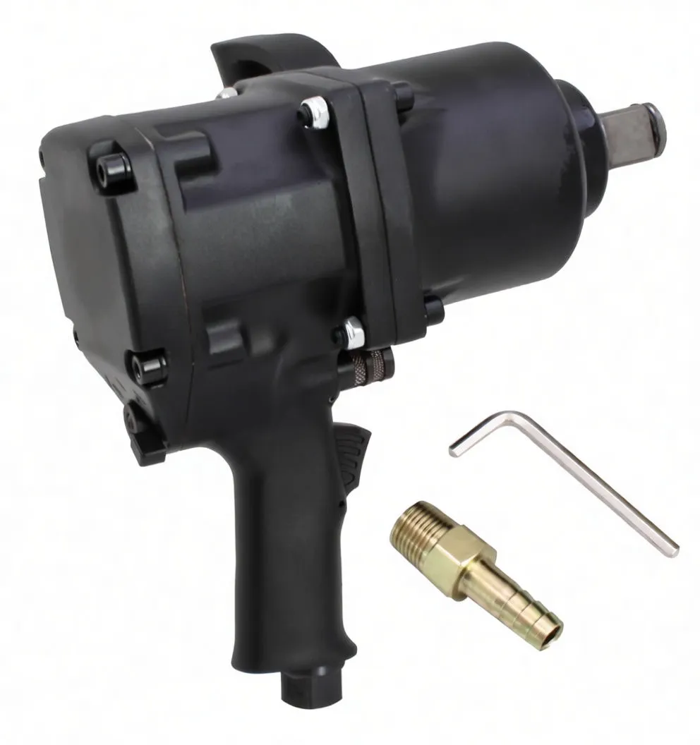 Rear-side view of impact wrench showing housing, screws, pistol grip, knurled exhaust/regulator, brass adapter and hex key