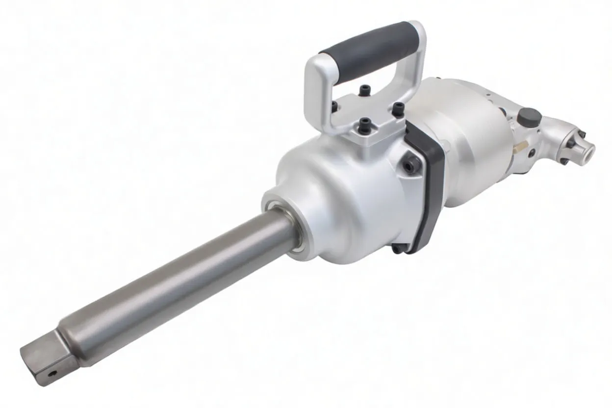 Side view of silver impact wrench with pistol handle, trigger, control cap and extended anvil