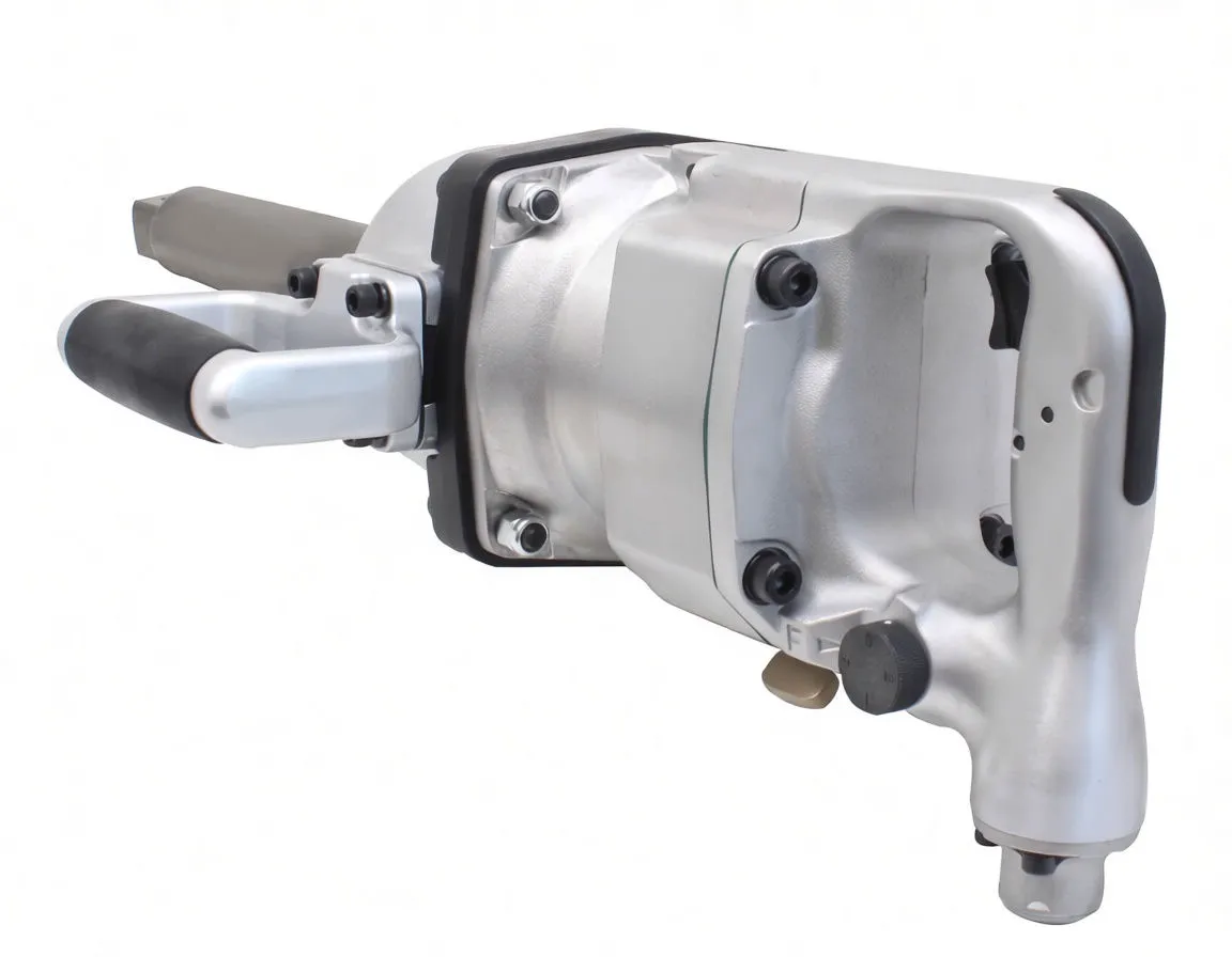 Rear three-quarter view of silver impact wrench showing embossed K logo, stamped model/serial markings and F forward/reverse selector