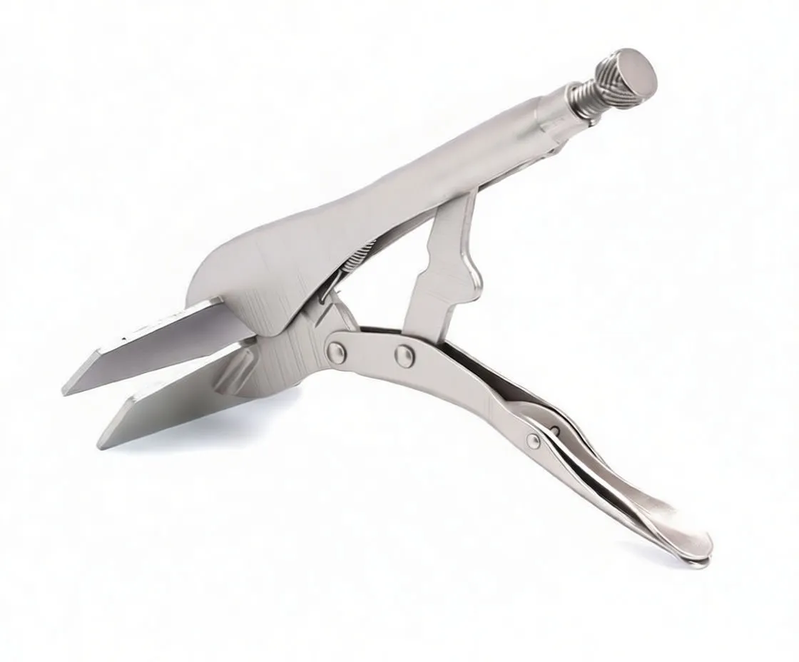 Close-up of locking pliers showing ASTA marking on handle, Cr-Mo stamp on jaw, knurled adjustment screw and flat sheet-metal jaws