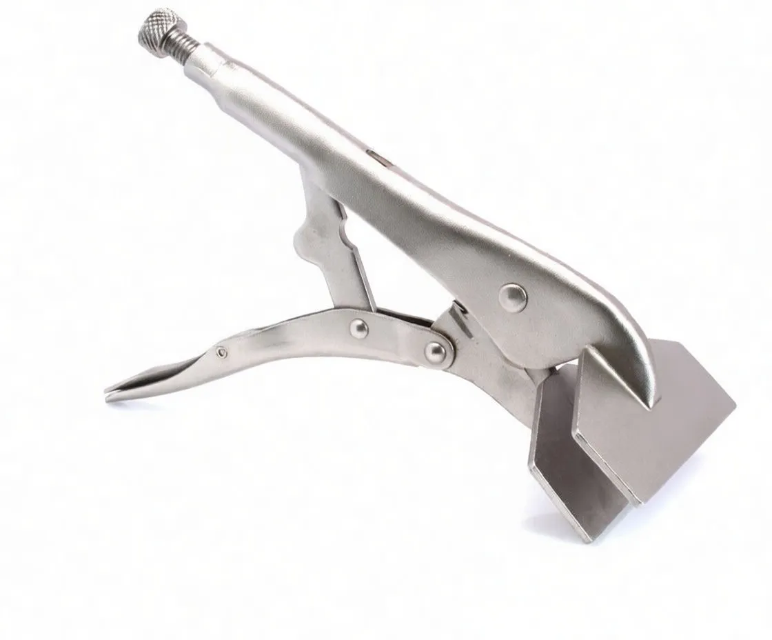 Side view of silver locking pliers with open stacked rectangular jaw plates and visible pivot rivets