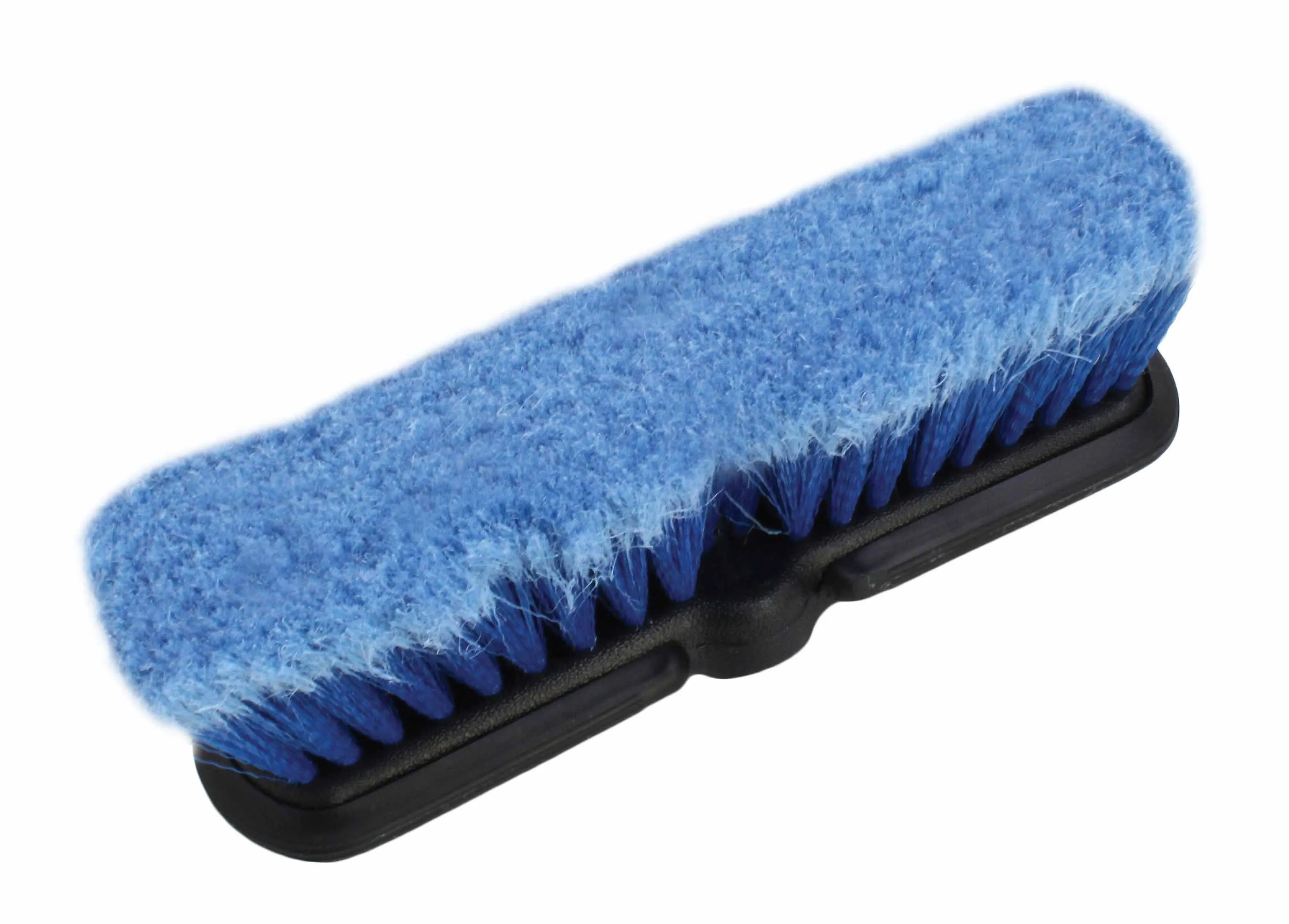Top view of wash brush head showing flocked blue bristle surface and black plastic edge