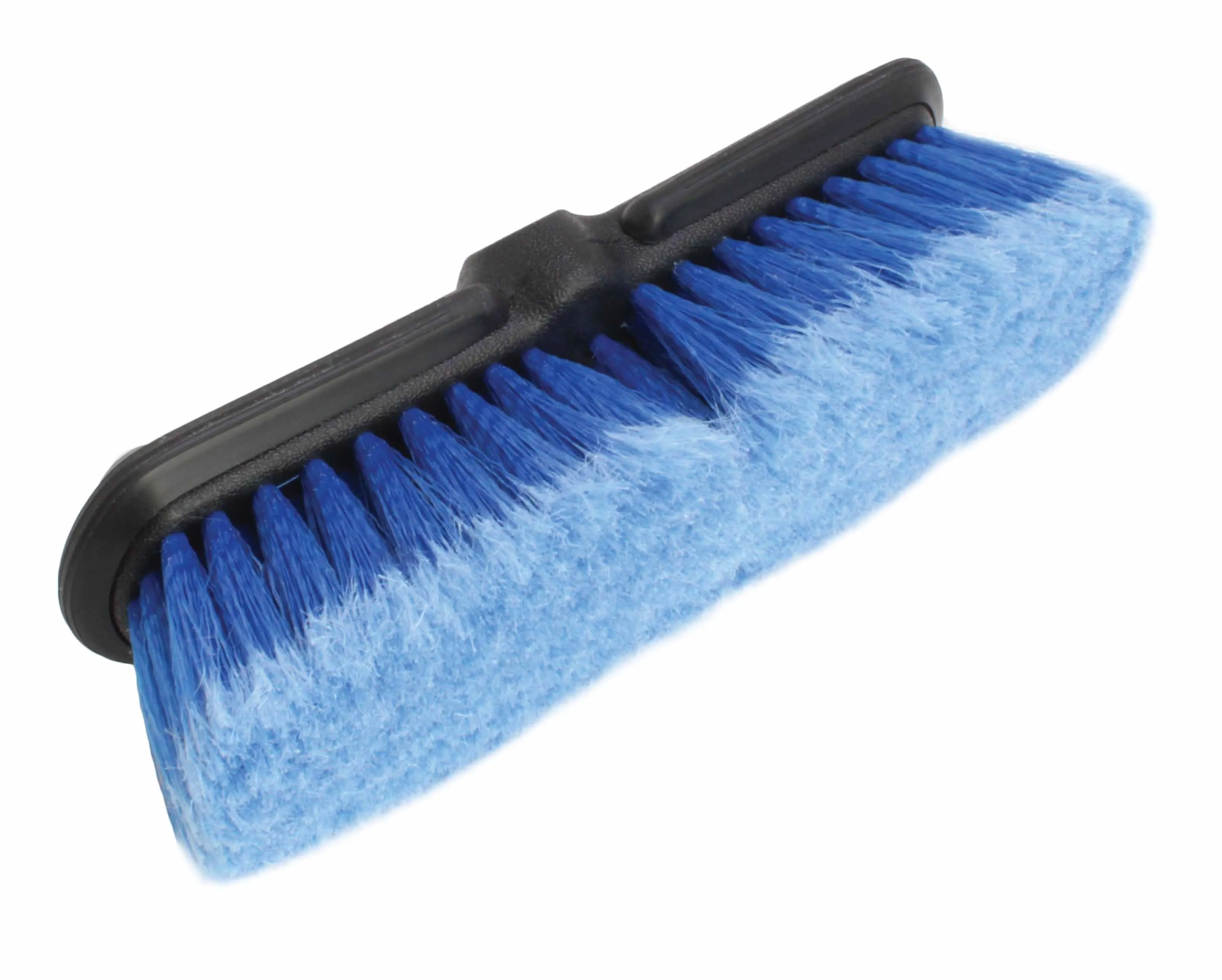 Side-angle close-up of blue bristles and black plastic brush head showing bristle tufts and mounting area