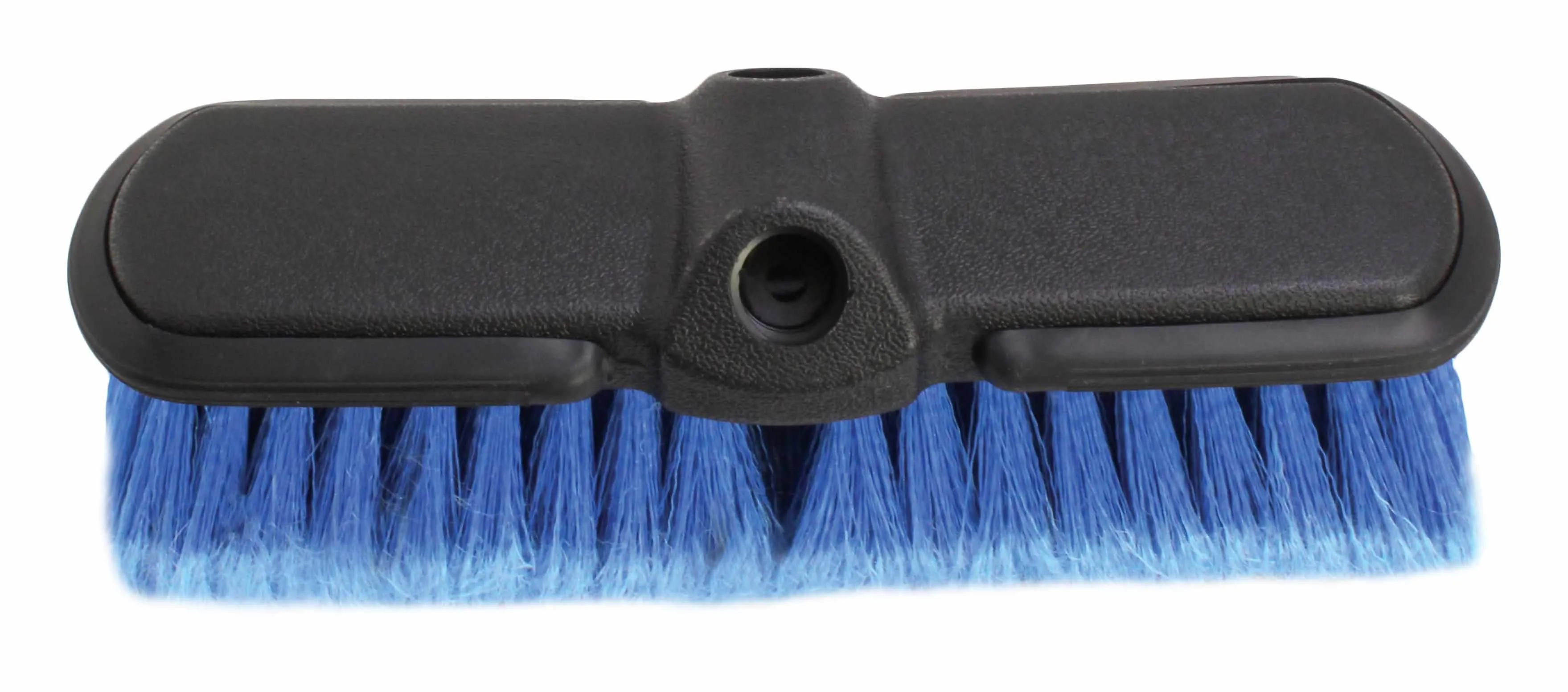 Front view of 10-inch blue bristle brush head showing central threaded handle socket