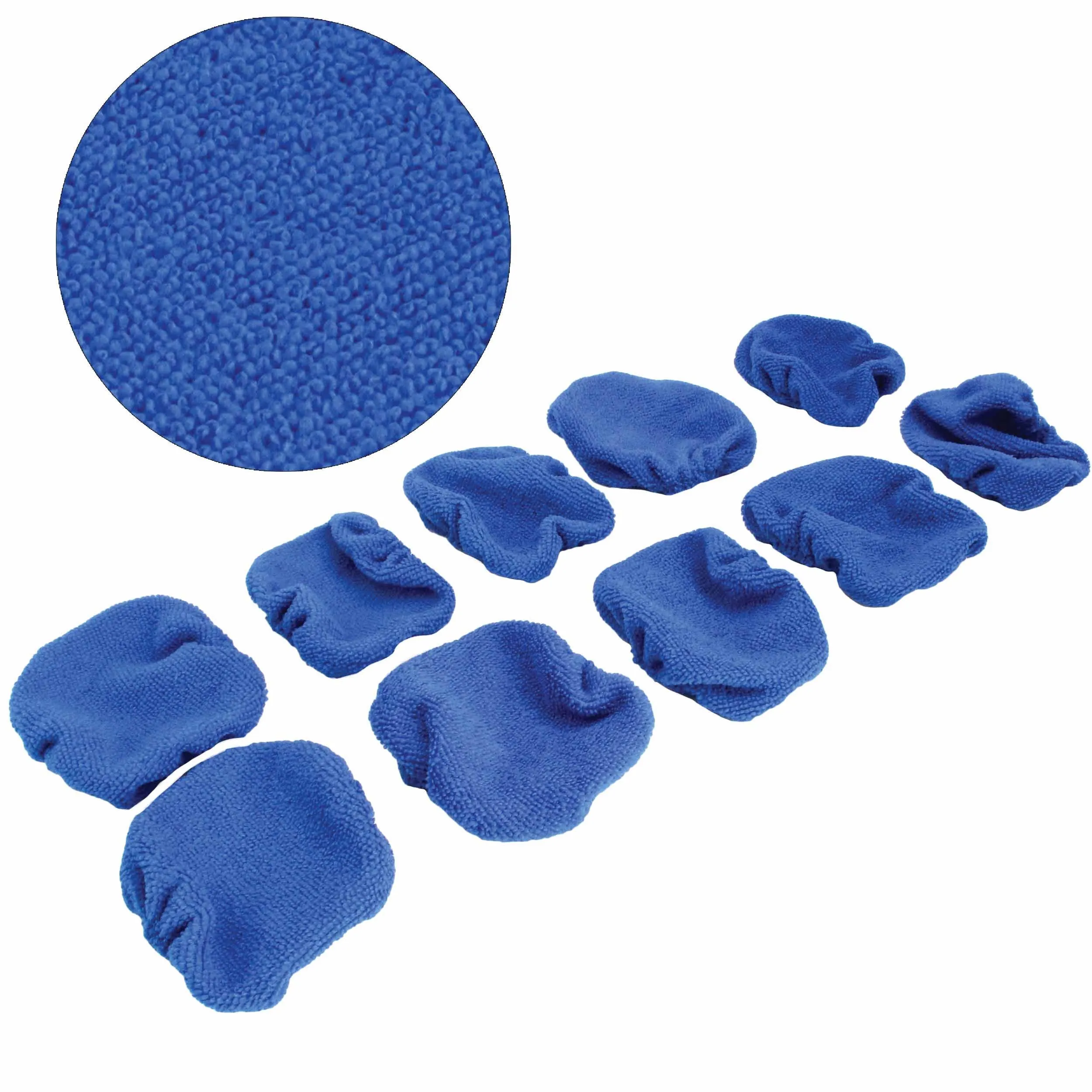 Angled view of blue elastic-edged microfiber covers with texture close-up
