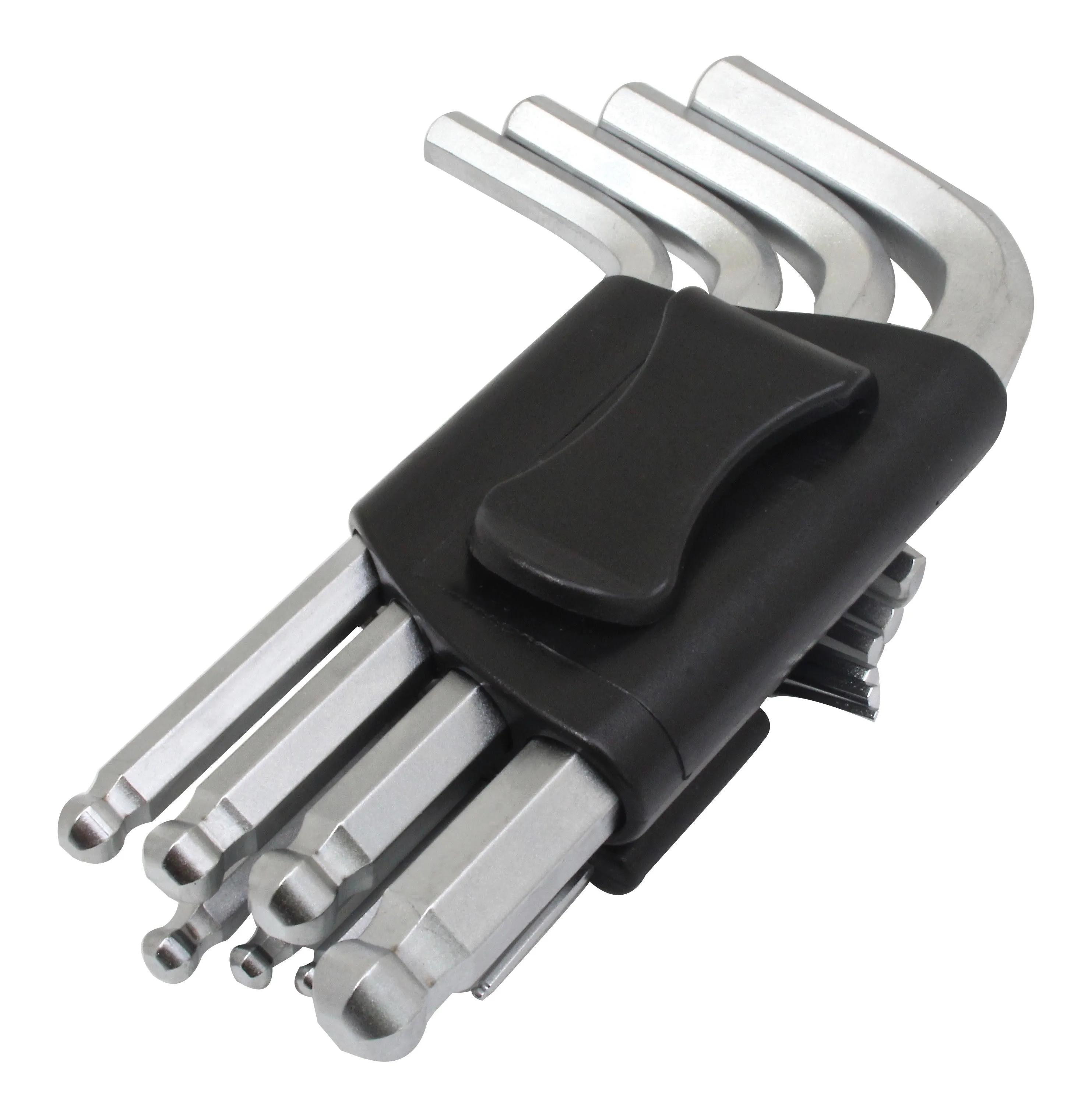 Rear/top angle of Allen keys in black holder showing clip and rounded ball ends