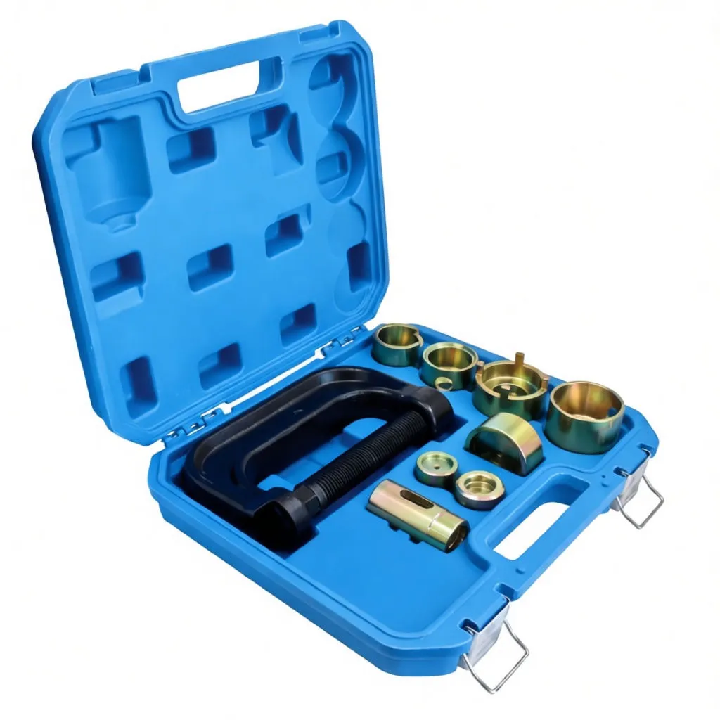 Perspective shot of tool kit with C-frame press and assorted gold-plated adapter cups in a blue case