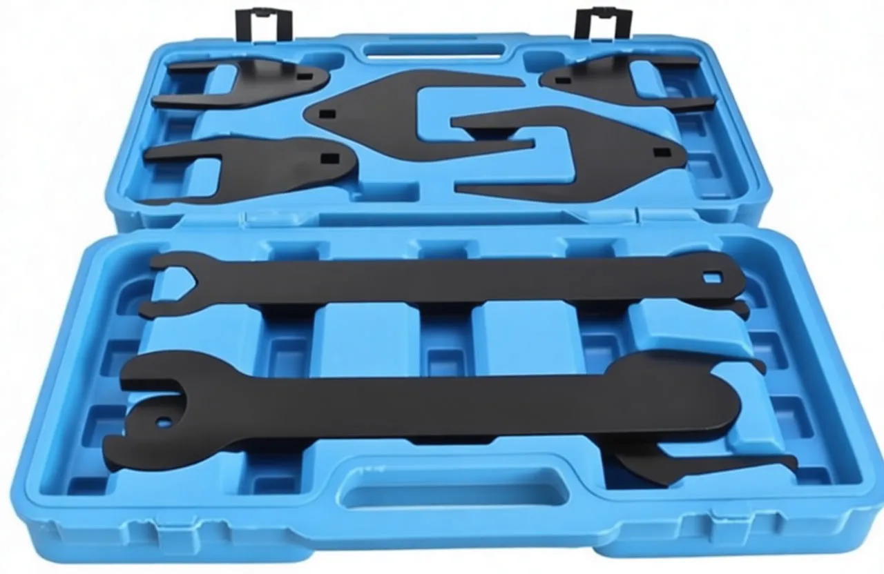 Top-down view of fan clutch wrench set showing two long stamped wrenches and multiple adapter plates with text and size markings