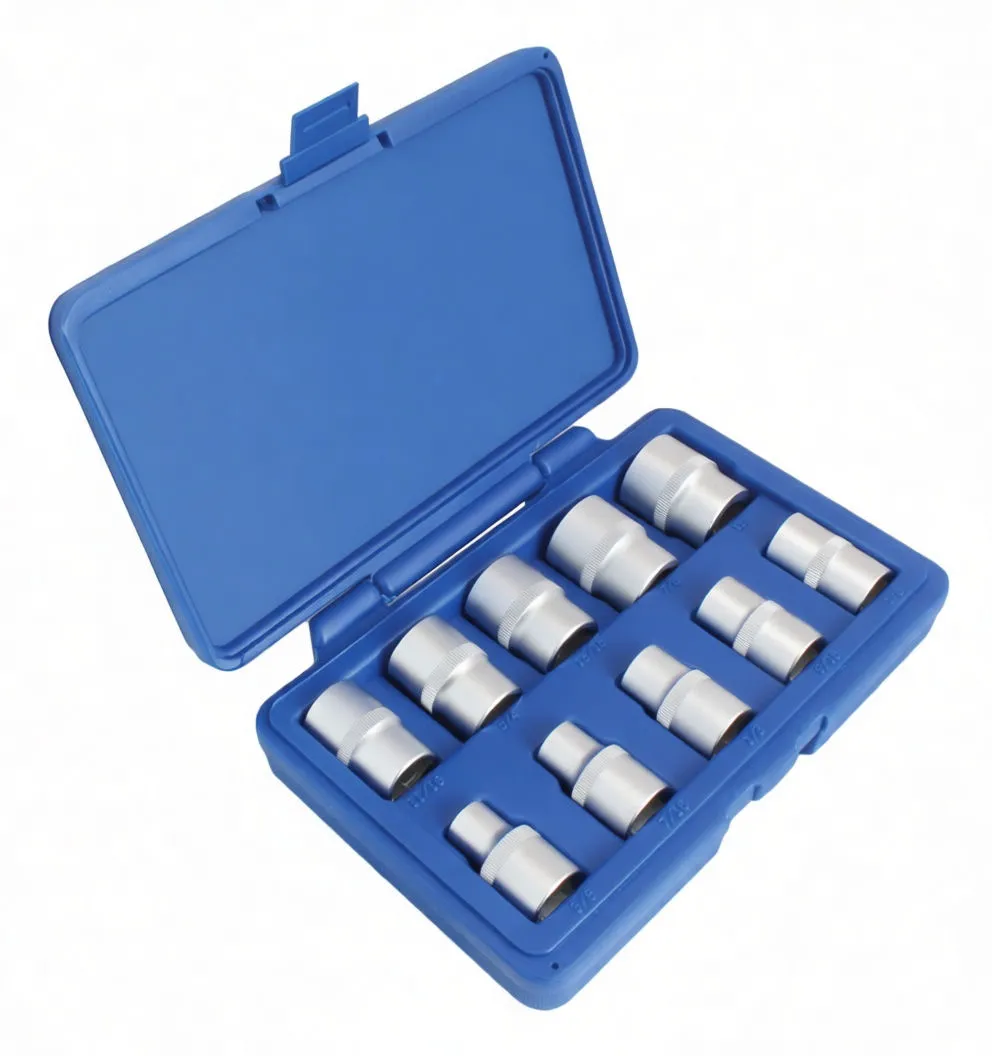 Three-quarter view of blue case with ten chrome short 6-point sockets seated in molded slots