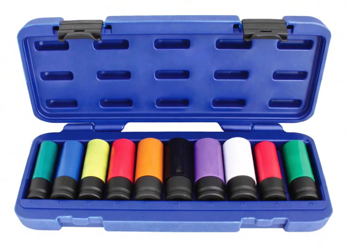 Row of ten color-coated deep wheel nut sockets showing six-point openings and black bases with printed markings