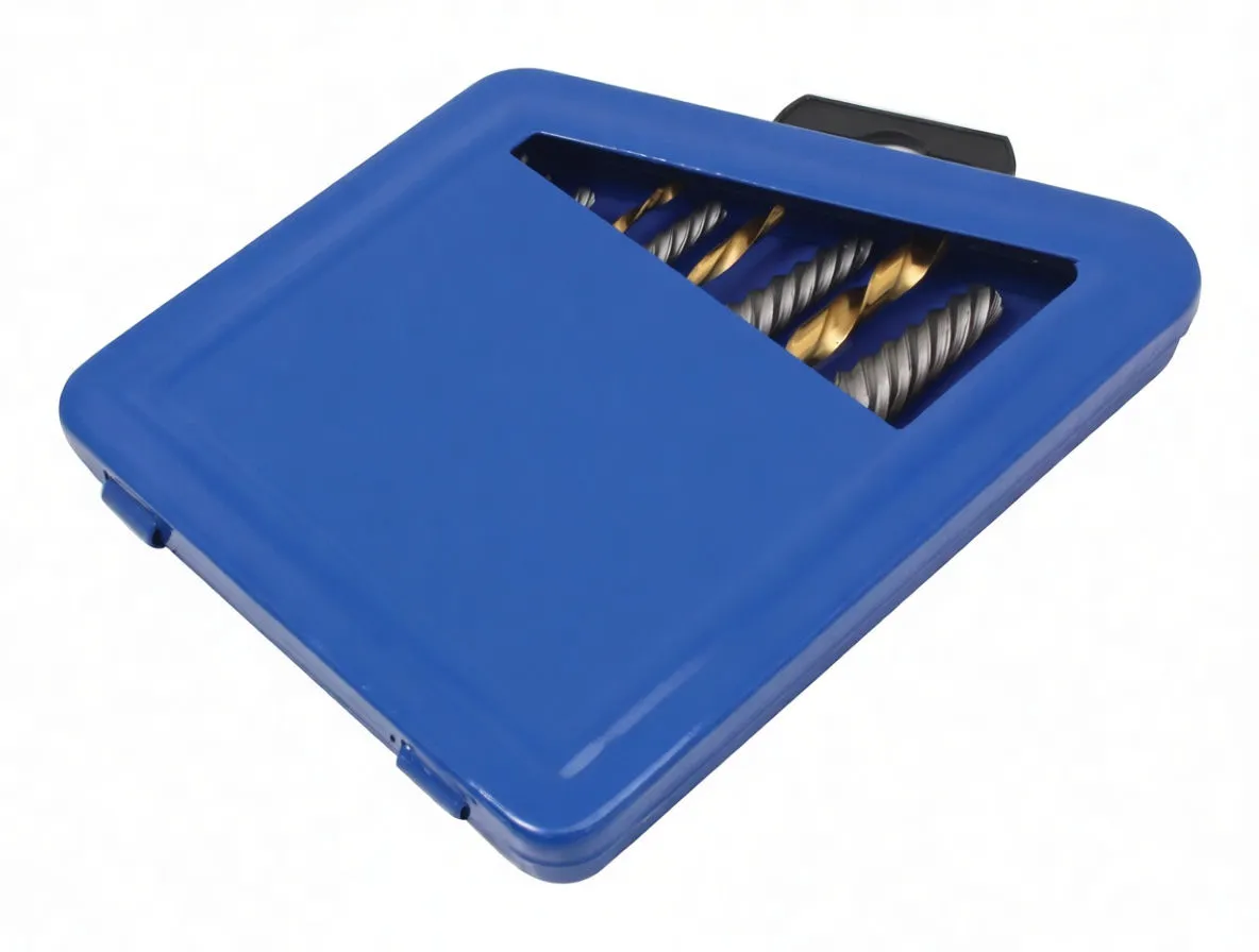 Closed blue triangular case with window revealing tips of extractor and drill bits and Satra logo.