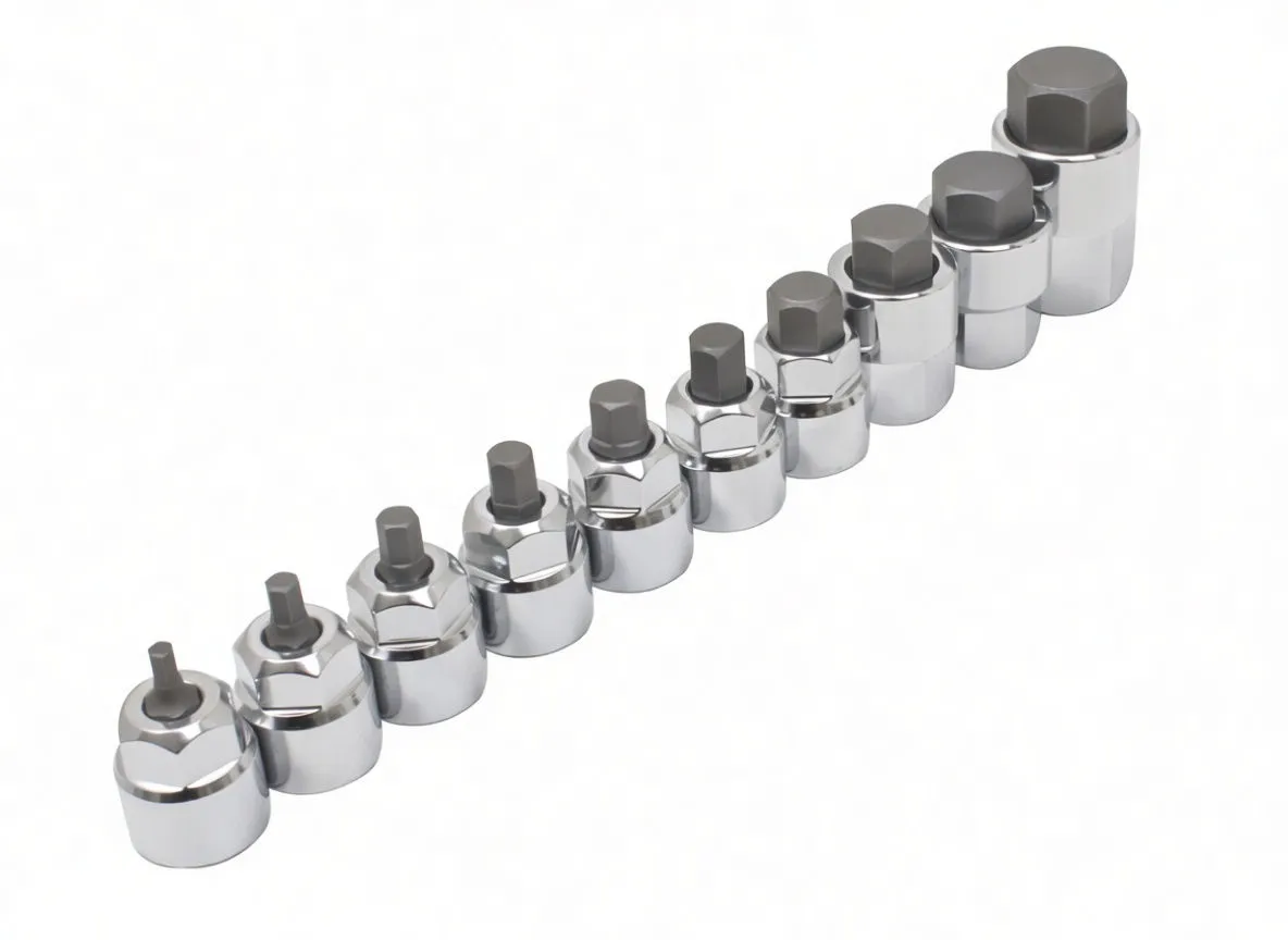 Diagonal row of ten low-profile chrome hex bit sockets with dark hex tips and stamped markings