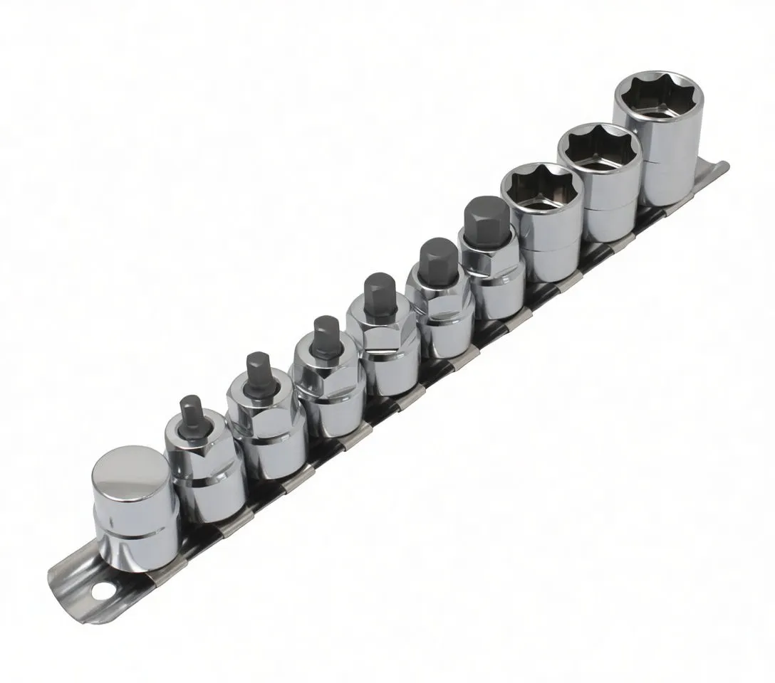 Angled view of ten low-profile hex bit sockets on a metal retaining rail with hex tips visible