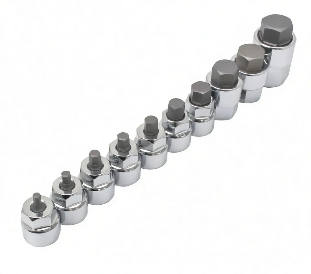 Line of ten chrome low-profile SAE hex bit sockets showing increasing sizes and stamped markings
