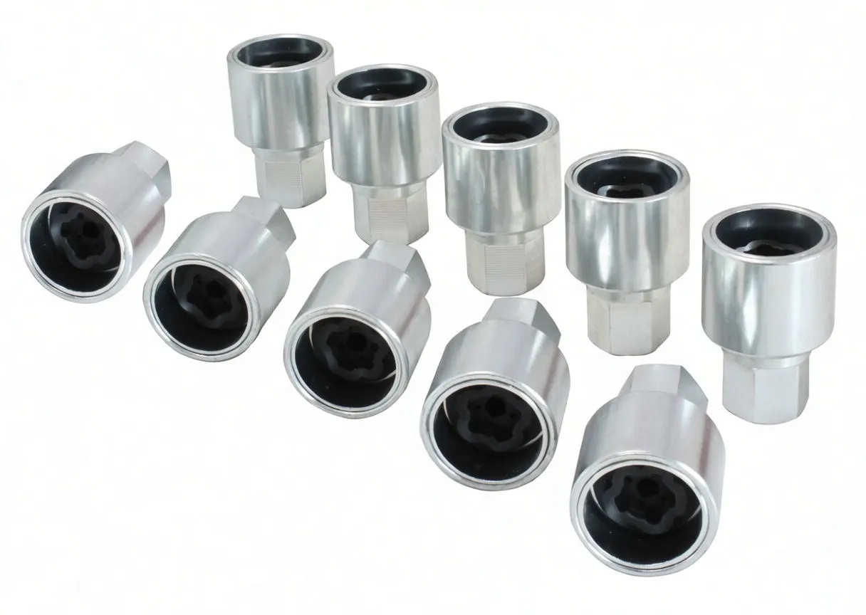 Close-up of chrome wheel lock sockets showing printed logo on bodies and black multi-lobed internal keyway.