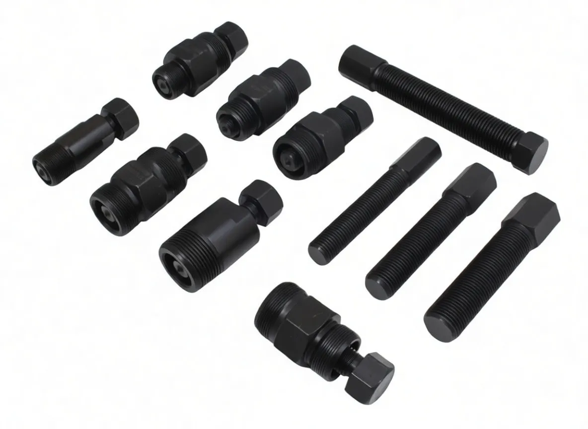 Flywheel puller kit components arranged on white background: cylindrical puller sleeves, threaded bolts and central adapter with hex flats and stamped markings.