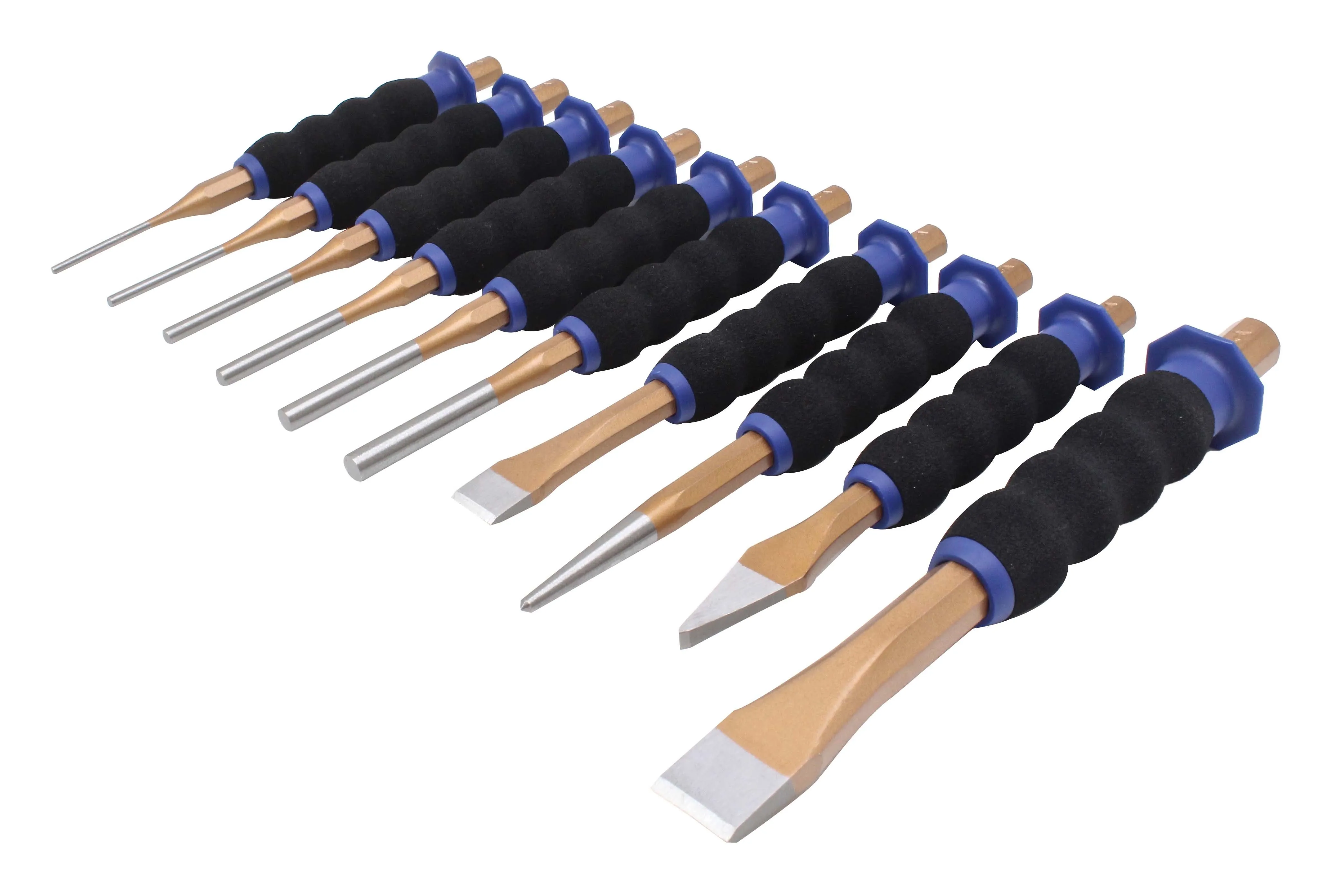 Lineup of ten foam-grip pin punches and chisels showing blue collars, bronze shafts, silver tips and hex striking caps, arranged largest to smallest.