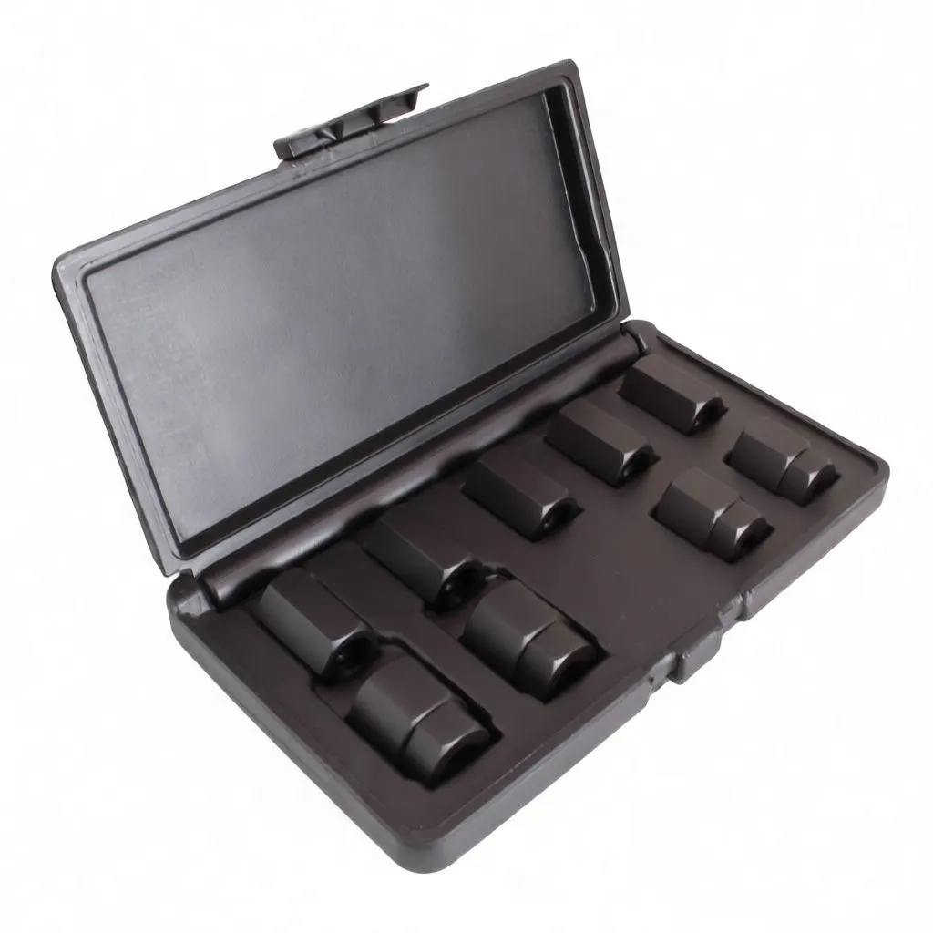 Angled view of open tool case with ten dark hexagonal stud remover/install sockets seated in a molded tray; size markings visible.