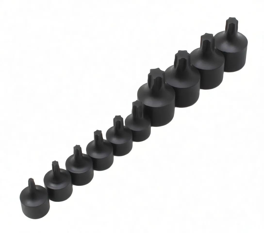 Row of ten stubby Torx impact sockets showing tip sizes and side markings