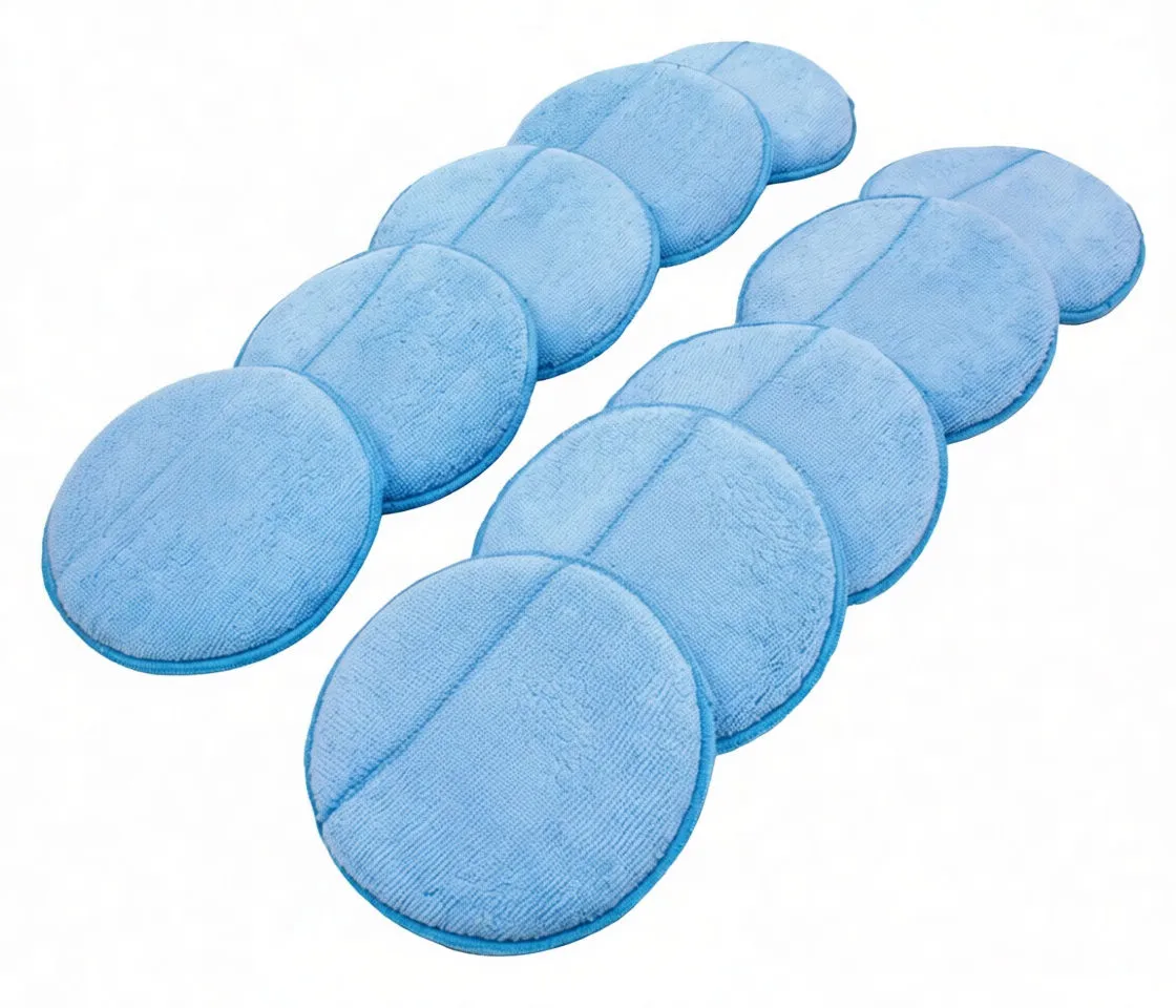 Two rows of ten light-blue round waxing/microfiber pads with cross seams and white sewn labels reading 'saTra'.