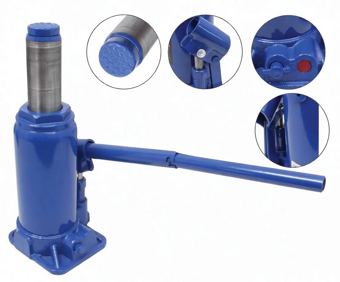 Composite image of blue bottle jack with close-ups of saddle top, hinge pin, red release valve and pump lever