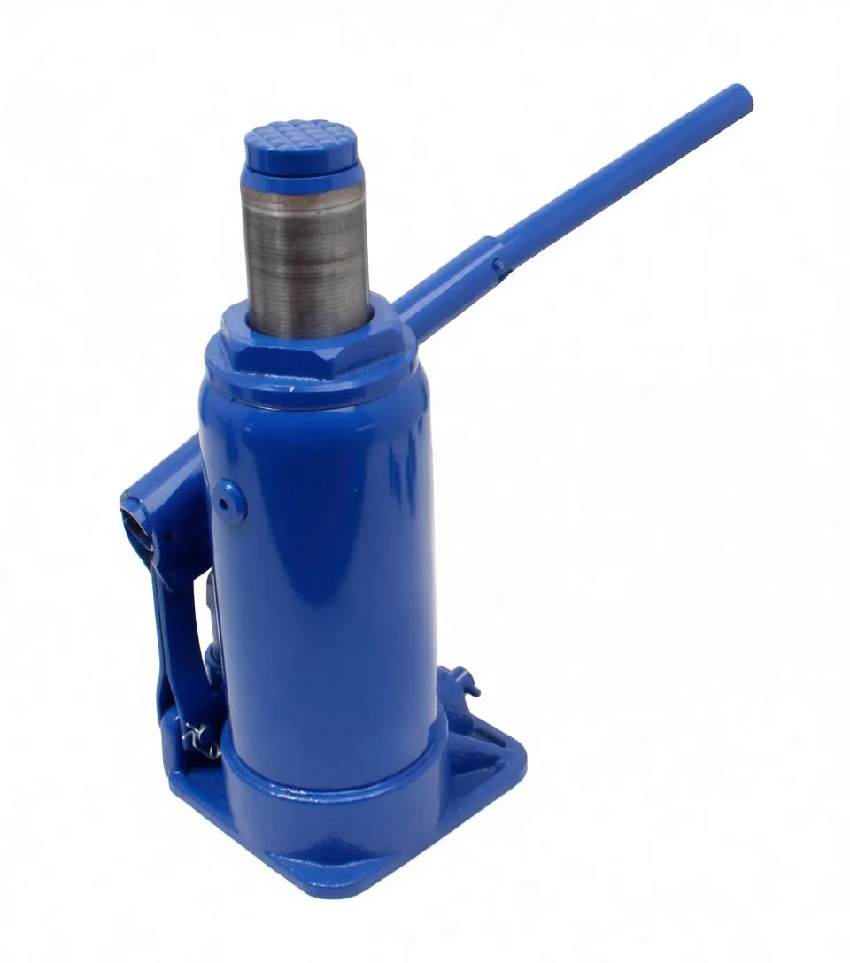Angled side view of blue hydraulic bottle jack with handle inserted and piston extended