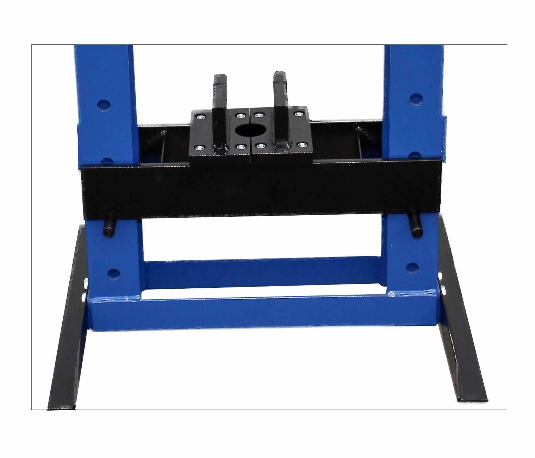 Close-up of lower bench press showing black adjustable crossbeam with central hole, guide rails, and blue uprights with adjustment holes