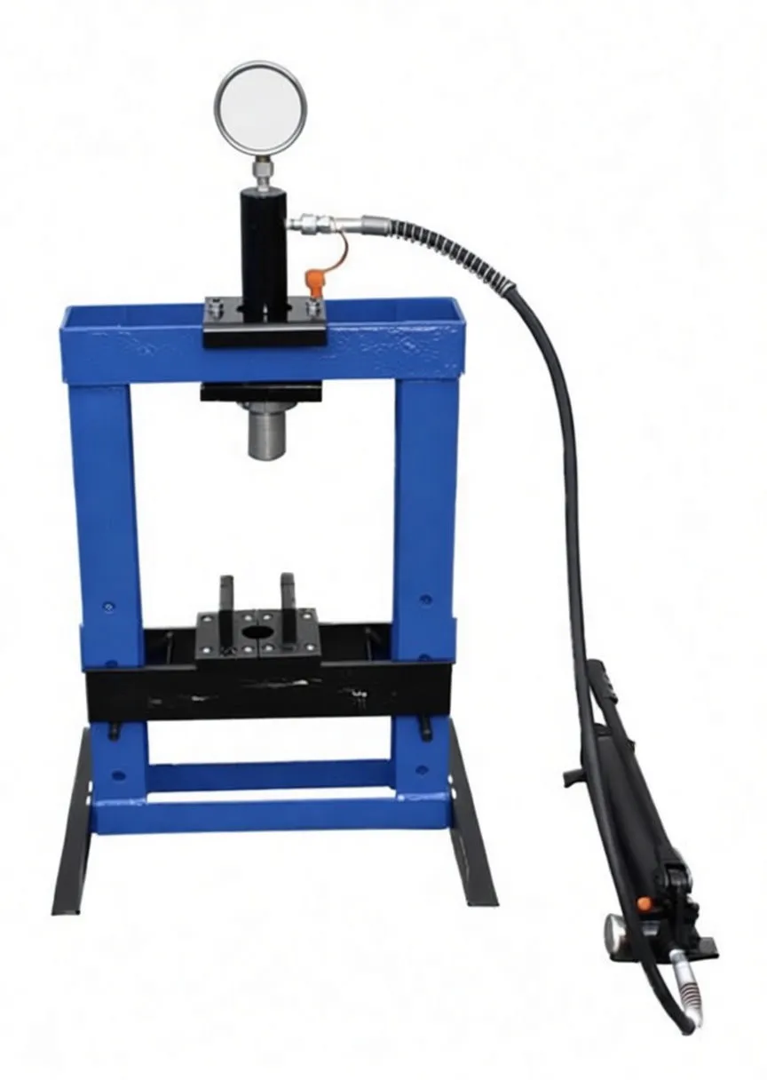 Black hydraulic hand pump with long handle, orange release valve, hose with protective coil, and white warning label