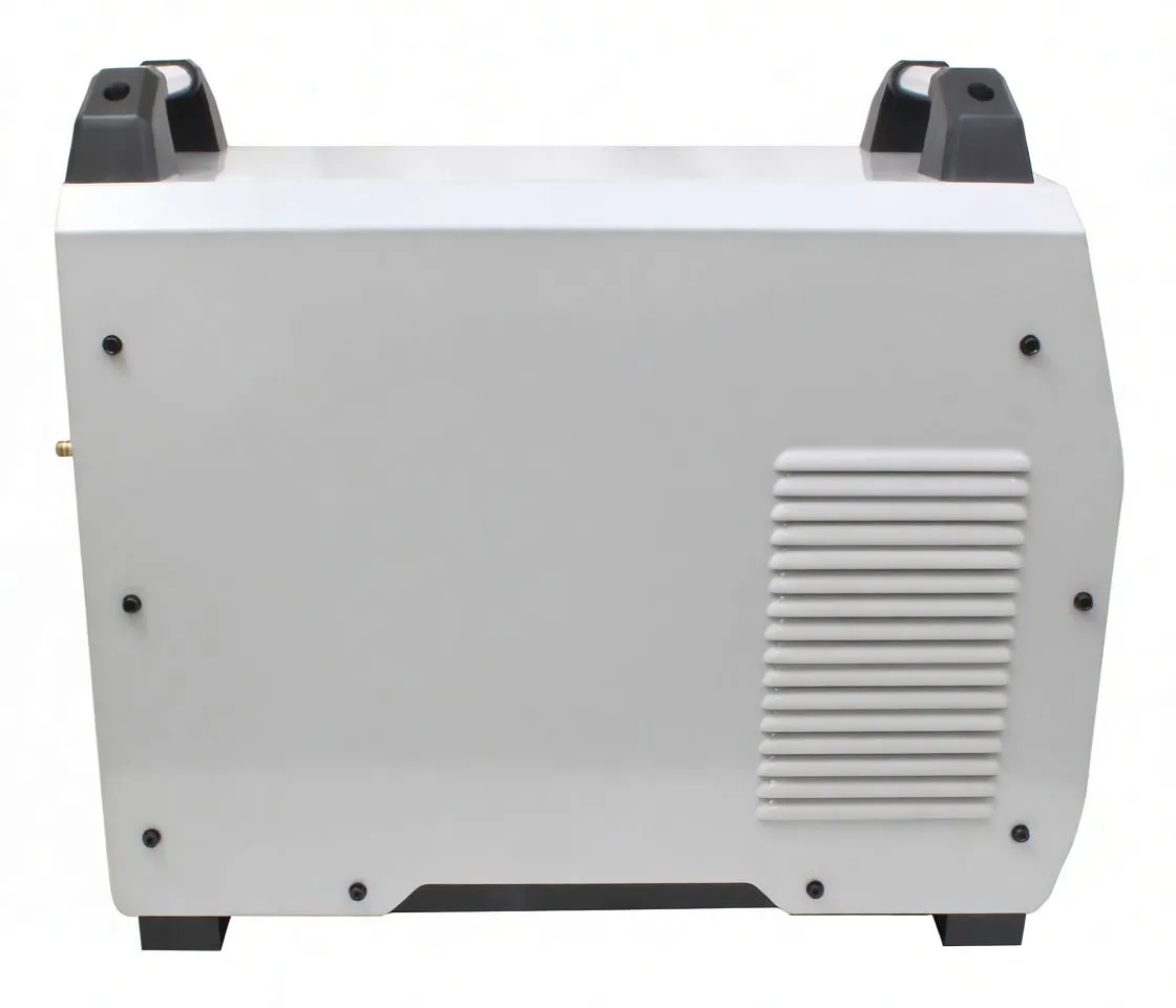 Rear of the plasma cutter with large cooling fan, breaker switches and gas inlet