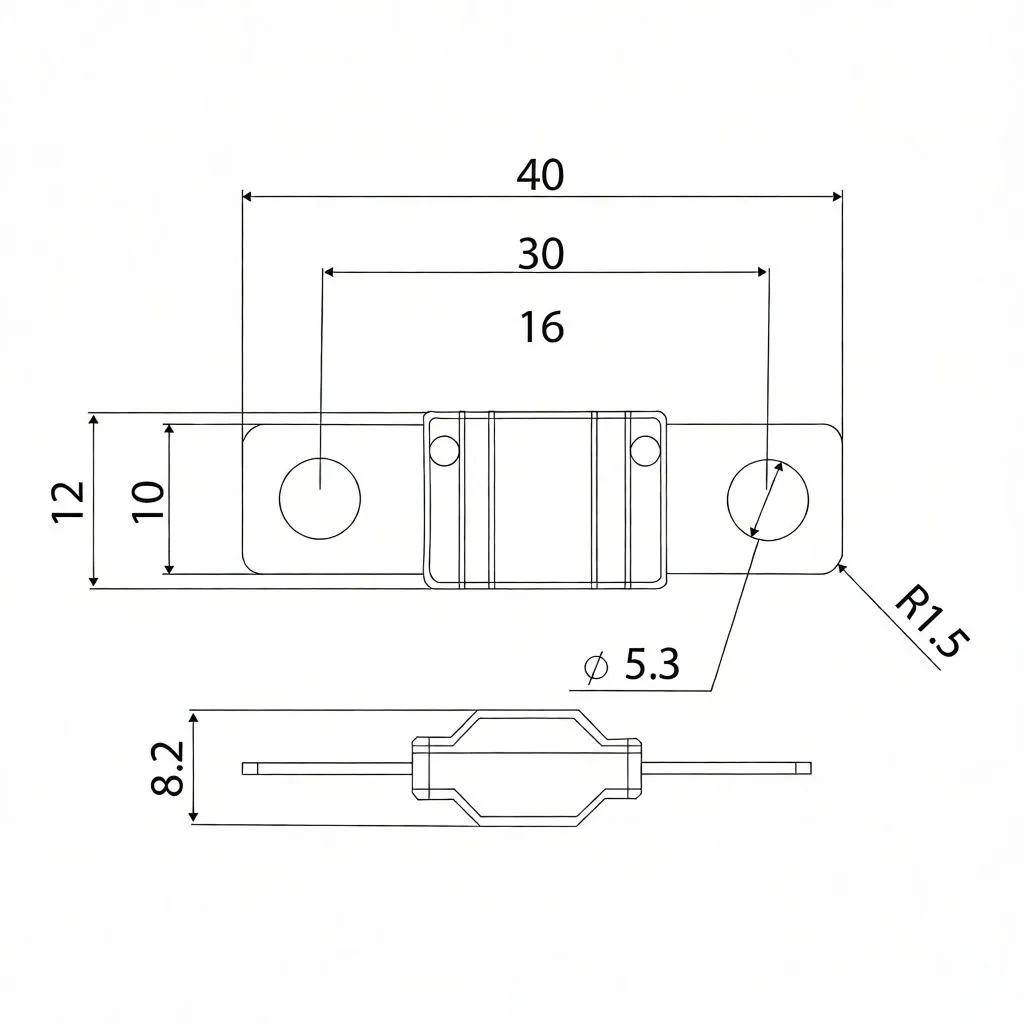 Dimensional drawing of 100A MIDI fuse with measurements (40 mm, Ø5.3 mm, 8.2 mm) and markings 100 and 32V