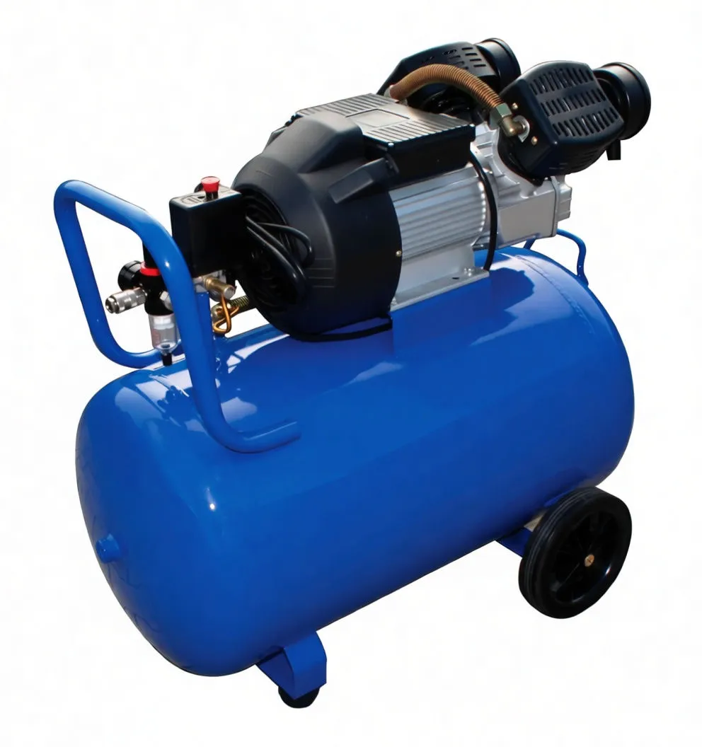 Rear view of compressor showing pressure regulator with gauges, moisture trap, metal data plate and pump assembly